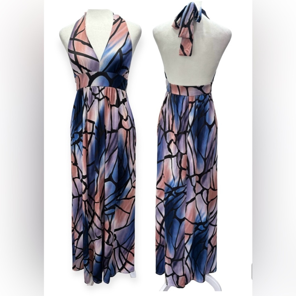 Maxi Dress Black Halter Neckline Low Back Hourglass Blue Purple Mauve Lilly S